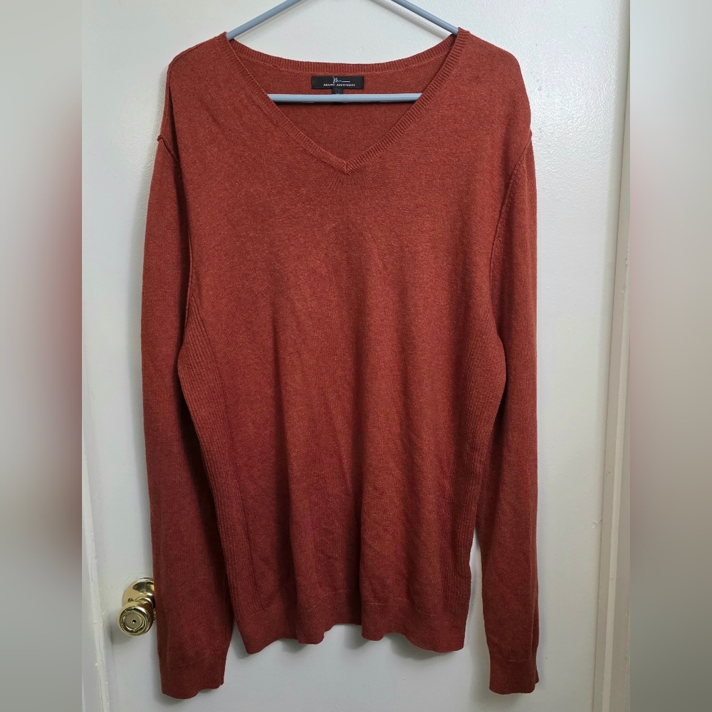 Marc Anthony Mens Rust Cotton Cashmere Blend Soft Knit V-Neck Pull Over Sweater - Picture 2 of 14